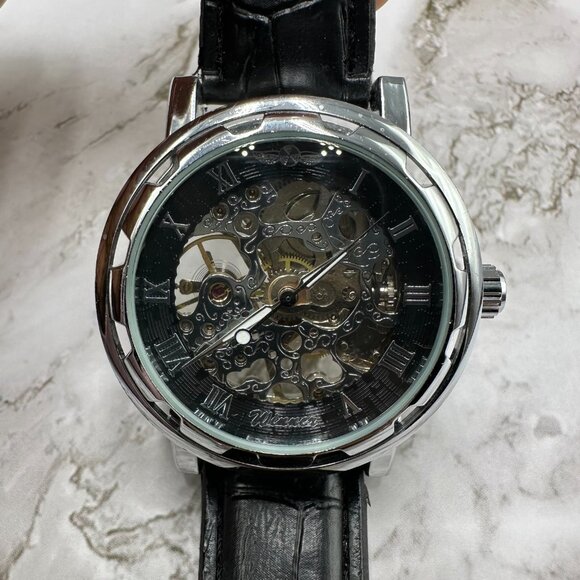 Winner Automatic Watch Men Silver Tone Skeleton Dial 39MM Black Band 9 Inch - Picture 1 of 15